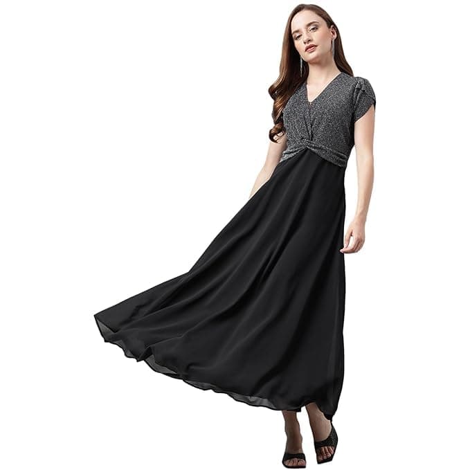 Black Short Sleeves V-Neck Party Maxi Dress by Latin Quarters Amazon VastraAI